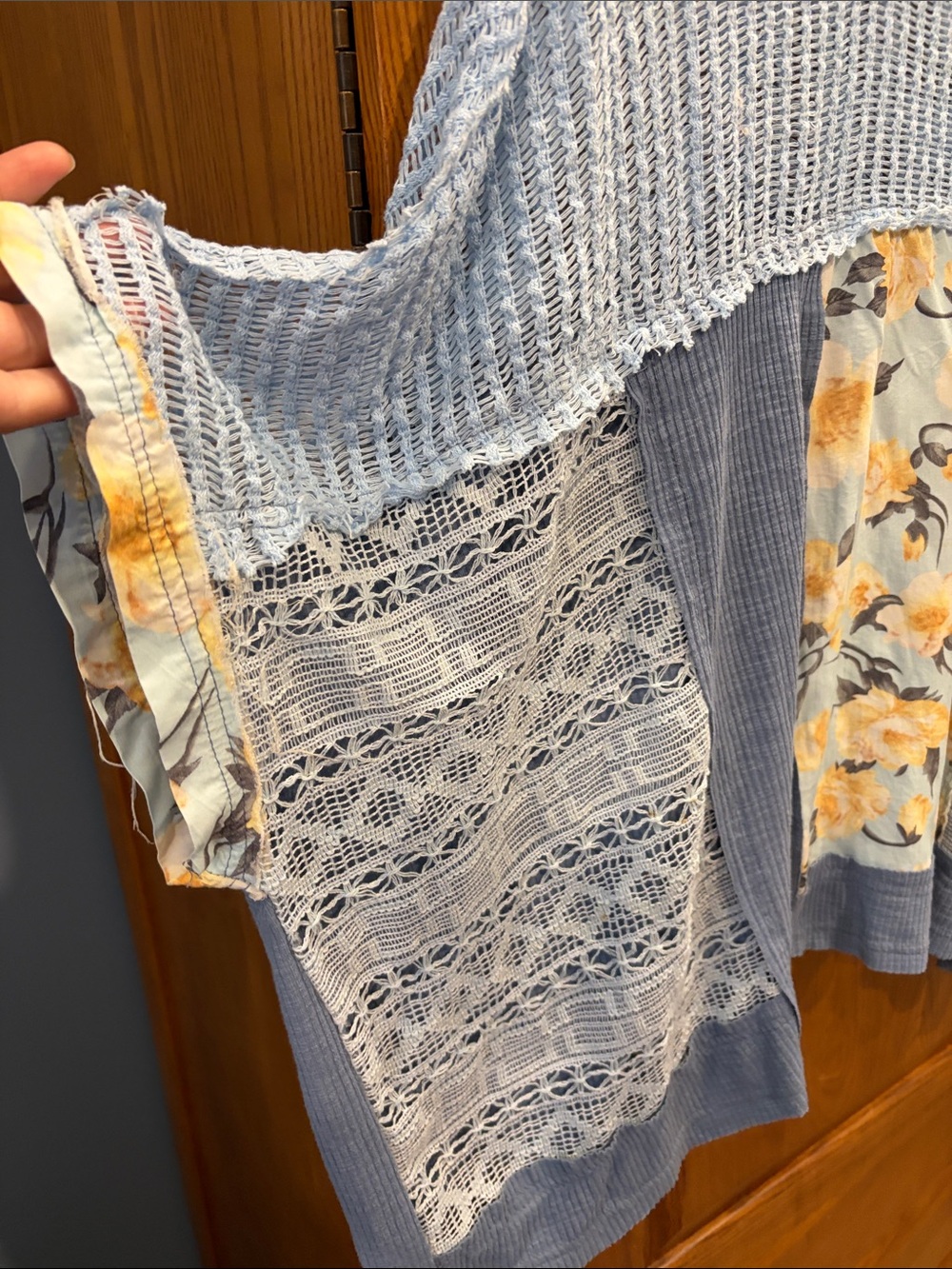 POL Blue Knit & Yellow Floral Patchwork Tunic size small - Picture 3 of 7